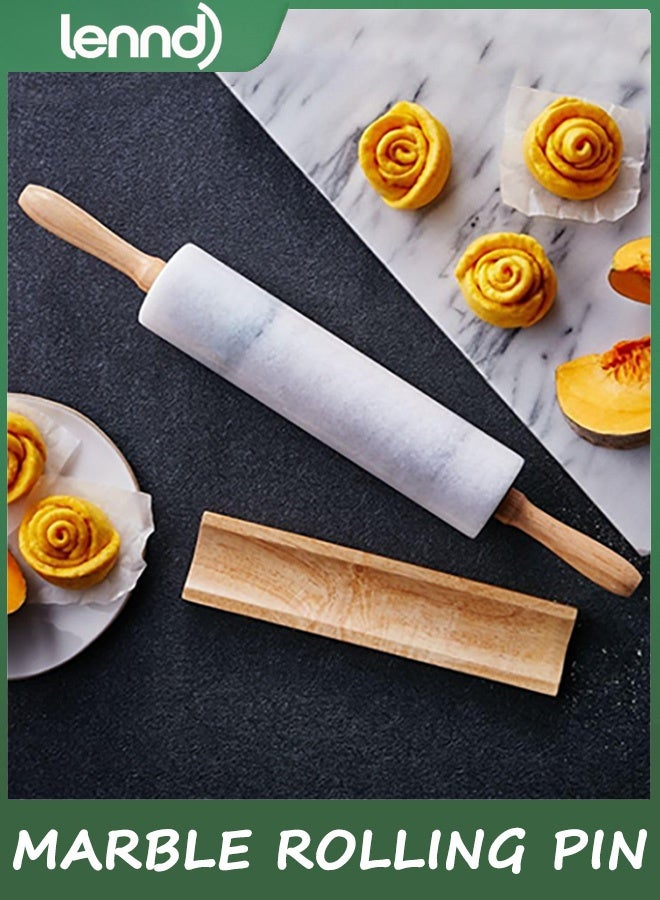 لينند نشابة رخامية بمقابض خشبية وقاعدة خشبية، نشابة رخامية لعمل عجينة البيتزا والتورتيلا، نشابة عجين لقشرة الفطائر والبسكويت والمعكرونة - Image 3