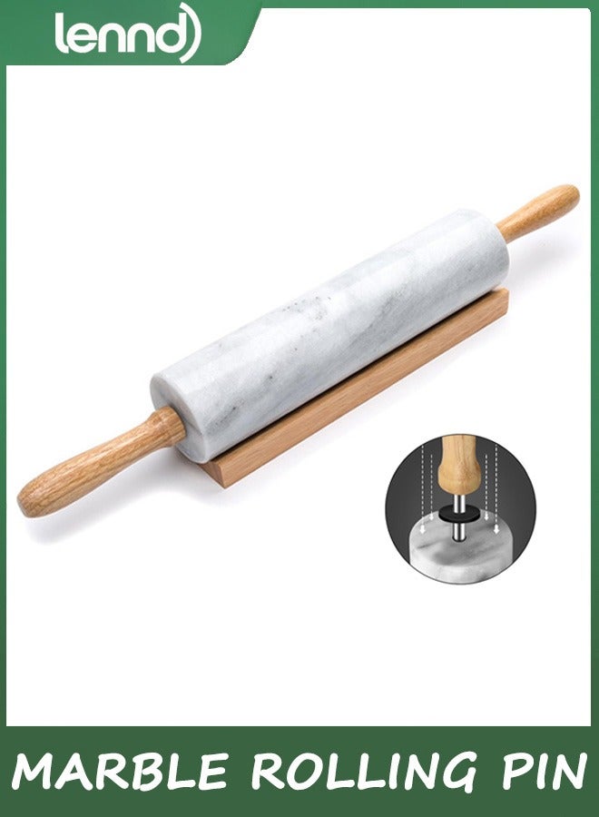 لينند نشابة رخامية بمقابض خشبية وقاعدة خشبية، نشابة رخامية لعمل عجينة البيتزا والتورتيلا، نشابة عجين لقشرة الفطائر والبسكويت والمعكرونة - Image 1