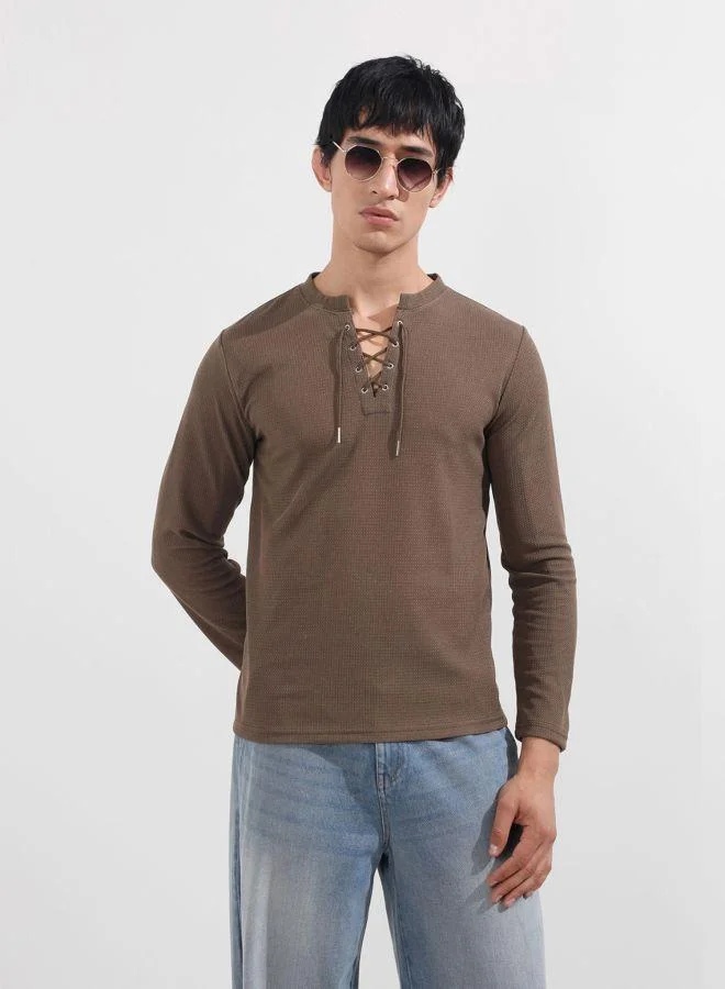 The Indian Garage Co Men Regular Fit Textured V-Neck Full Sleeves T-Shirt