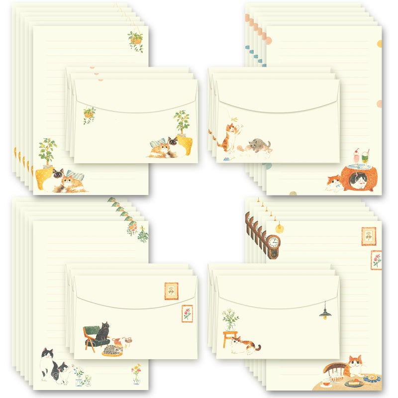 TEETOOKEA 72 Pieces Cute Cat Writing Paper and Envelopes, 8.3x5.6 Inch Stationery Set, 48 Lined Sheets & 24 Envelopes, Kitty Design for Letters, Invitations, Gifts, Holidays, Party Notes - Image 1