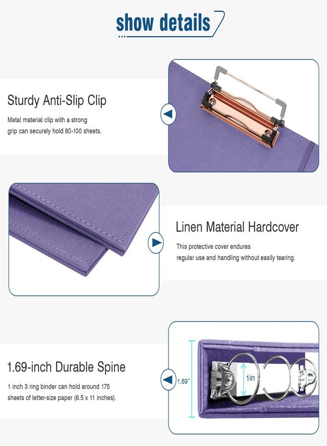 Ospelelf 1 Inch 3 Ring Binder with Zipper Pouch, 5 Plastic Binder Dividers with 10 Pockets, Linen Hardcover Clipboards with Storage for Letter Size (8.5" x 11"), Purple School Binder - Image 4