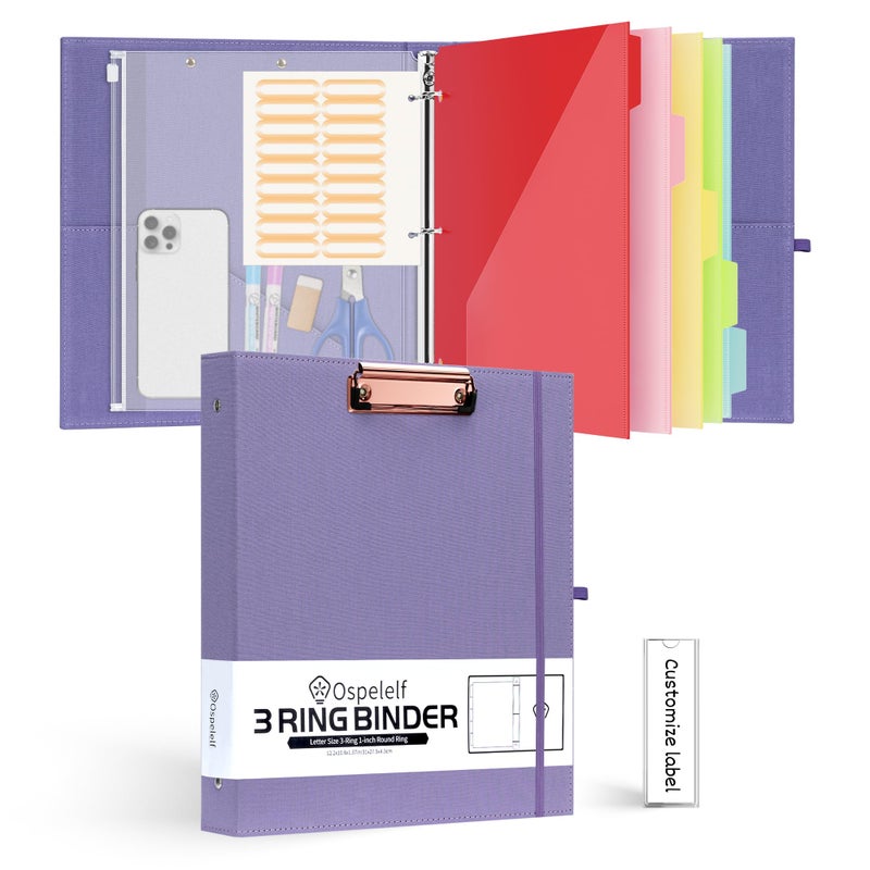 Ospelelf 1 Inch 3 Ring Binder with Zipper Pouch, 5 Plastic Binder Dividers with 10 Pockets, Linen Hardcover Clipboards with Storage for Letter Size (8.5" x 11"), Purple School Binder - Image 1