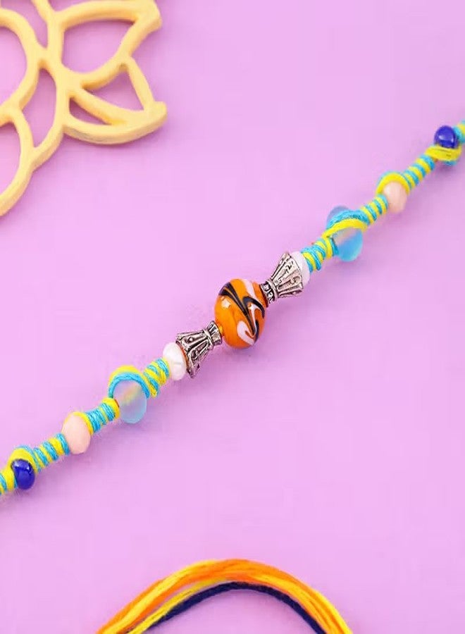 Floweraura Raksha Bandhan Celebration Premium Handcrafted Vibrant Marbles Twisted Bead Rakhi with Lord Buddha Idol Showpiece - Rakhi for Brother, Bhai, Cousins & Raksha Bandhan Gift - Image 3