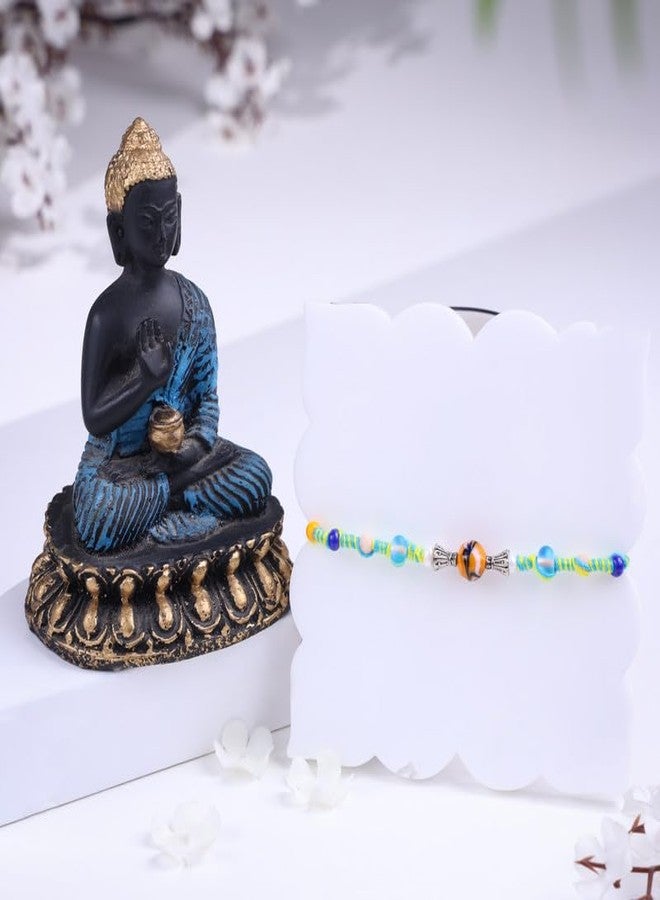 Floweraura Raksha Bandhan Celebration Premium Handcrafted Vibrant Marbles Twisted Bead Rakhi with Lord Buddha Idol Showpiece - Rakhi for Brother, Bhai, Cousins & Raksha Bandhan Gift - Image 2