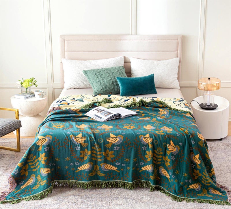 MSGKV Boho Throw Blanket 100% Cotton Blankets for Bed Couch 60''x80'', Spring Breathable Farmhouse Bird Blankets Quilt Muslin Home Decor - Image 2