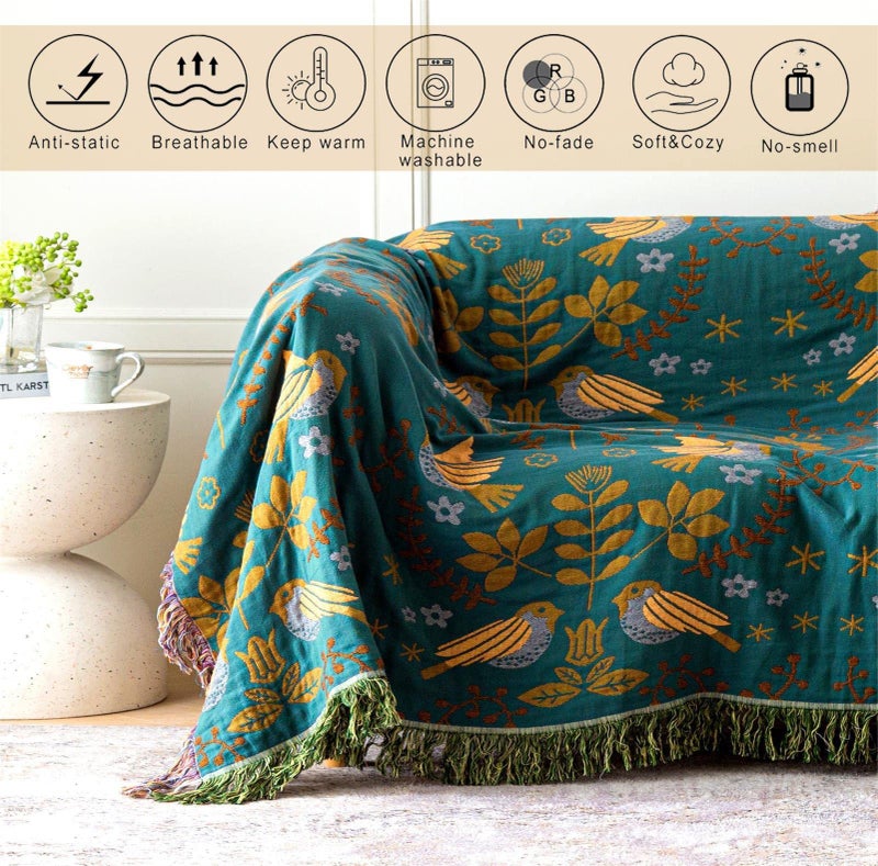 MSGKV Boho Throw Blanket 100% Cotton Blankets for Bed Couch 60''x80'', Spring Breathable Farmhouse Bird Blankets Quilt Muslin Home Decor - Image 4