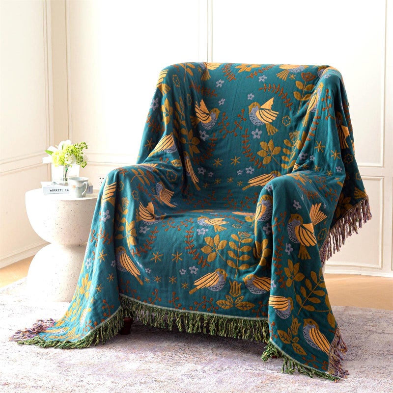 MSGKV Boho Throw Blanket 100% Cotton Blankets for Bed Couch 60''x80'', Spring Breathable Farmhouse Bird Blankets Quilt Muslin Home Decor - Image 3