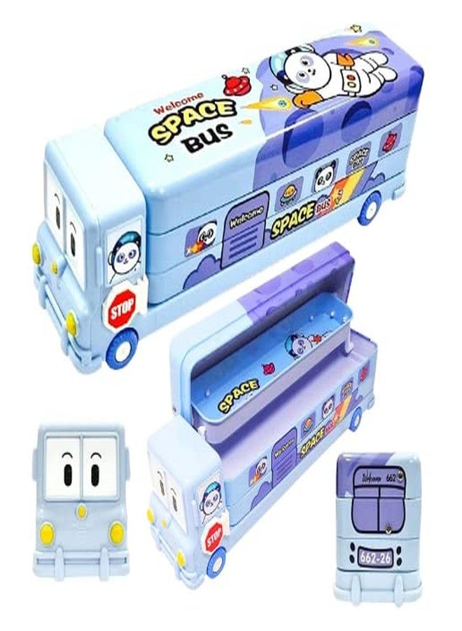 YBN Pvc Multicolour Cartoon Printed School Bus Matal Pencil Box Geometry Box With Moving Tyres And Sharpner For Kids | School Stationery Items For Kids | Color (Blue) - Image 1