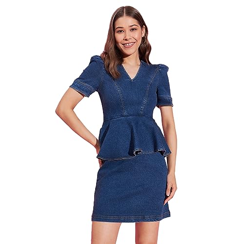 StyleStone Women's Denim Lycra Peplum Style Knee-Length Dress (4148Puffpepdrsm) - Image 1