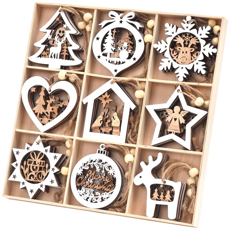 Ovootok Wooden Christmas Tree Ornaments 27PCs 3D Hanging Christmas Decorations Rustic Farmhouse Winter Wonderland Ornaments for Christmas Tree Xmas Party Santa Claus Snowman Snowflake White - Image 2