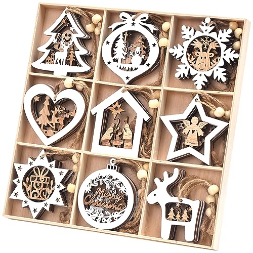 Ovootok Wooden Christmas Tree Ornaments 27PCs 3D Hanging Christmas Decorations Rustic Farmhouse Winter Wonderland Ornaments for Christmas Tree Xmas Party Santa Claus Snowman Snowflake White - Image 1