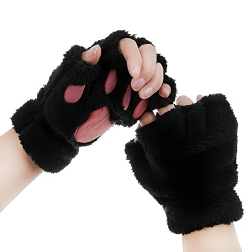 Himine Cat Claw Bear Paw Fingerless Winter Plush Gloves 1PairBlack - Image 1