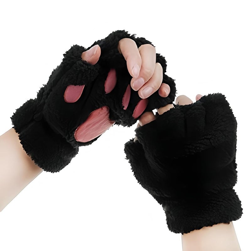 Himine Cat Claw Bear Paw Fingerless Winter Plush Gloves 1PairBlack - Image 2