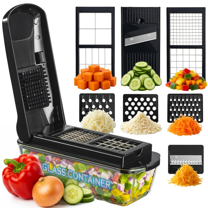 Le'raze 13-in-1 Vegetable Chopper Pro with Glass Container, Stainless Steel Blades, BPA-Free, Mandoline Slicer, Manual - Image 1