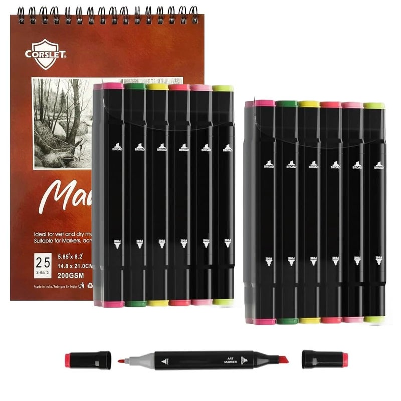 Corslet مجموعة أقلام ماركر كارسلت 24 قطعة مع طرفين مجموعة 12 قطعة من أقلام الفن الملونة | أقلام رسم للفنانين، الرسم، الخط مع لوحة ماركر - Image 1