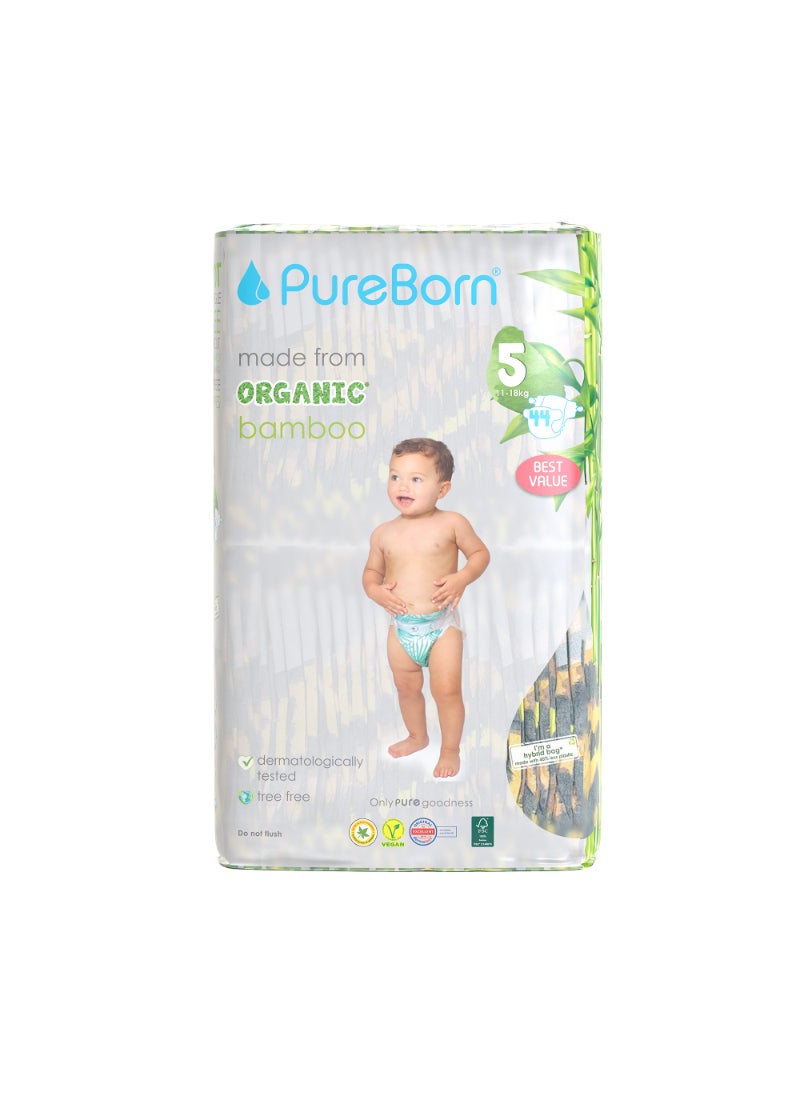 PureBorn Eco Organic Natural Plant Based Bamboo Tape Style Diapers Size 5 11 To 18kg Leopard Print 44 Diapers  - Image 1