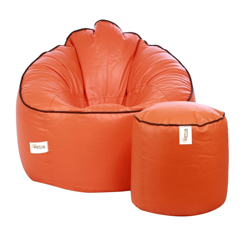 SATTVA Classy.Elegant.Stylish Sattva Combo Muddha Bean Bag Cover and Round Footstool Cover Without Beans Orange with Navy Blue Piping  - Image 5