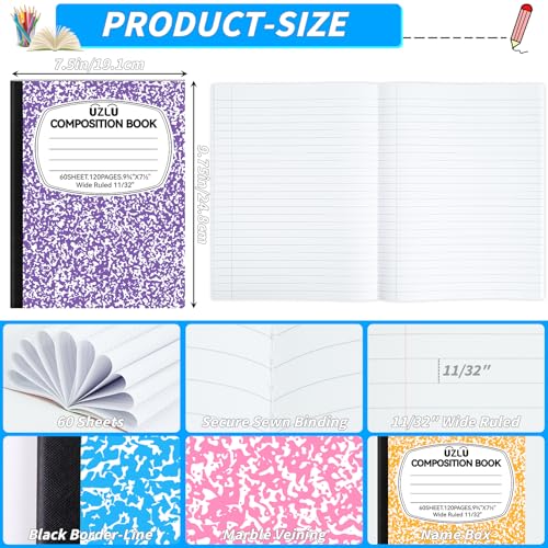 UZLU 24 Pack 9.75 x 7.5 in Large Composition Notebooks Bulk 12 Color Wide Ruled Composition Books Marble Journal Notebook 60 Sheets per Book for Aldult Student College Office Back to School Supplies - Image 2