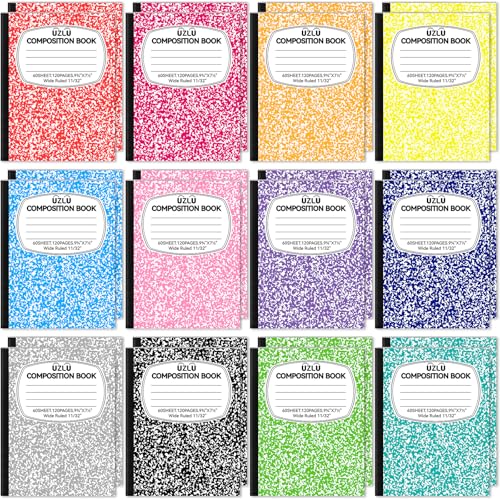 UZLU 24 Pack 9.75 x 7.5 in Large Composition Notebooks Bulk 12 Color Wide Ruled Composition Books Marble Journal Notebook 60 Sheets per Book for Aldult Student College Office Back to School Supplies - Image 1