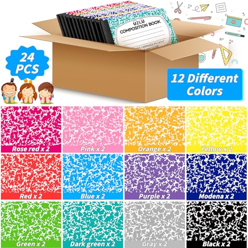 UZLU 24 Pack 9.75 x 7.5 in Large Composition Notebooks Bulk 12 Color Wide Ruled Composition Books Marble Journal Notebook 60 Sheets per Book for Aldult Student College Office Back to School Supplies - Image 3
