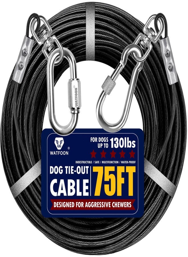 WATFOON Dog Leads for Yard, 75ft Tie Out Runner Steel Wire Cable, Heavy Duty Pet Tether Chains for Dogs Up to 130 Lbs, Outside, Camping, Park(75ft-Black) - Image 1