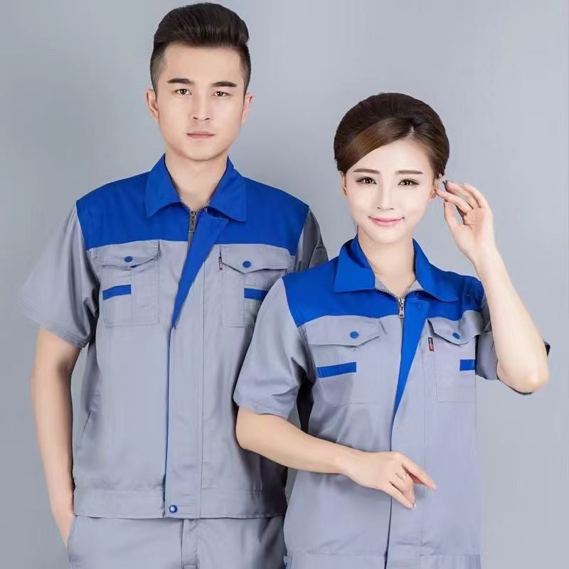 Spring and Autumn single top overalls mens wear-resistant welding auto repair labor protective clothing factory workshop engineering long sleeve color matching shoulder Blue top and gray short-sleeved top 