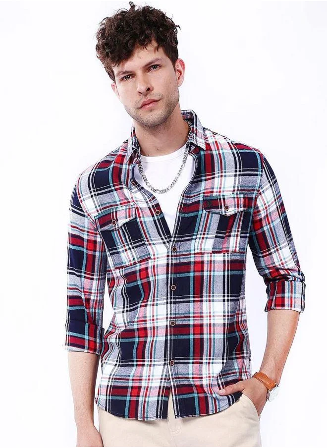 The Indian Garage Co Men Regular Fit Checkered Full Sleeves Cutaway Collar Double Flap Pocket Street Wear Over Shirt