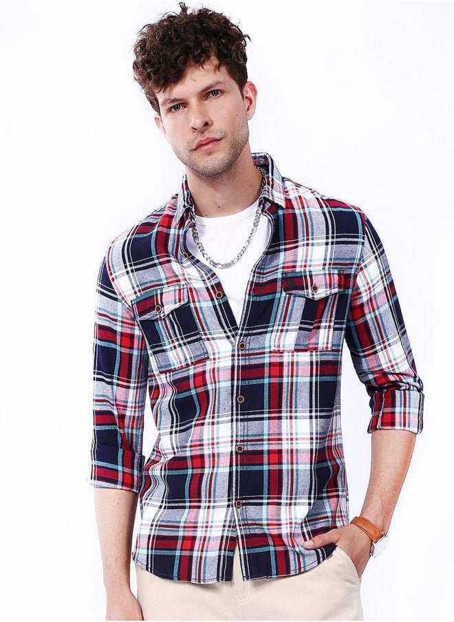 The Indian Garage Co Men Regular Fit Checkered Full Sleeves Cutaway Collar Double Flap Pocket Street Wear Over Shirt  - Image 1