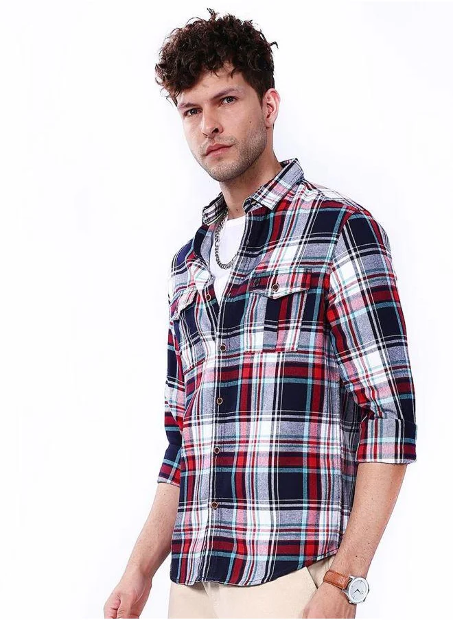 The Indian Garage Co Men Regular Fit Checkered Full Sleeves Cutaway Collar Double Flap Pocket Street Wear Over Shirt
