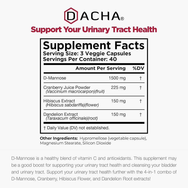 DACHA Natural DMannose Capsules 4in1 Formula  120 CAPS 1500 MG Cranberry Dandelion Hibiscus Flower Extract Pills for Supporting Bladder and Urinary Tract Health - Image 4