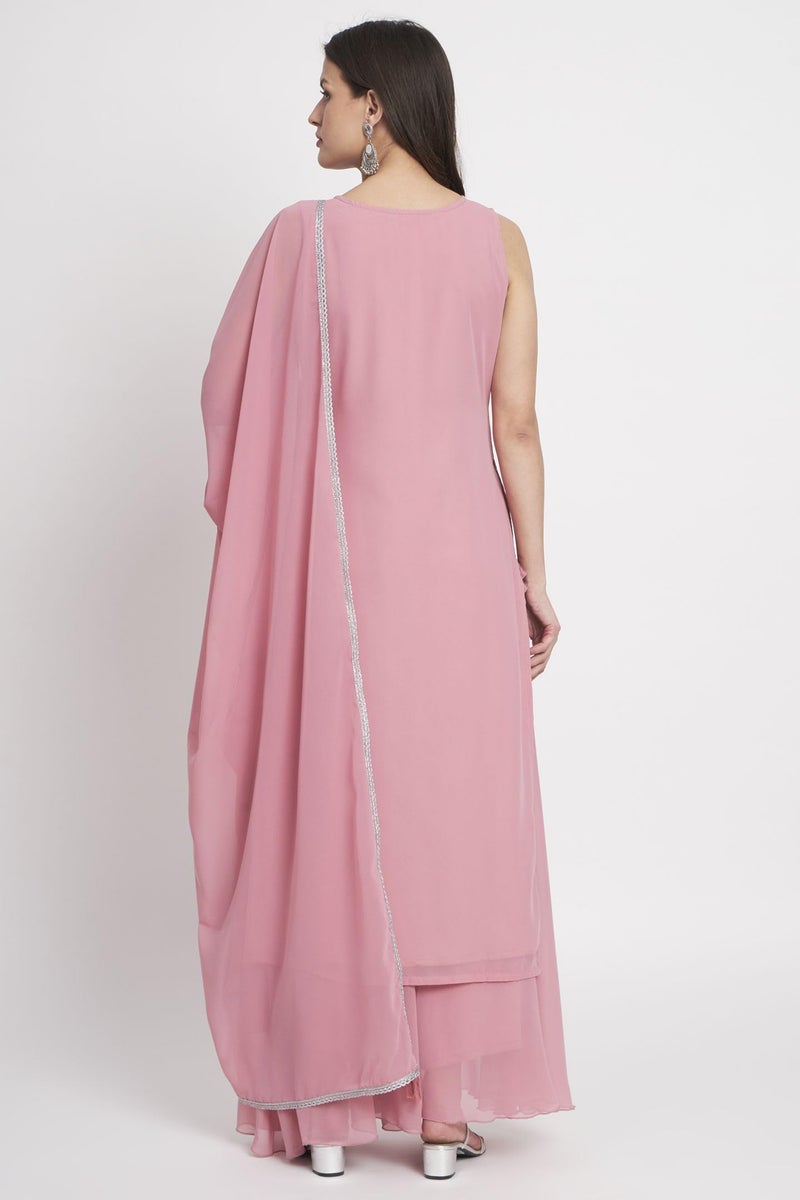 SHOPPING QUEEN Women's Georgette Straight Kurta Palazzo Set with Dupatta (A500_Dusty Pink_XS) - Image 3