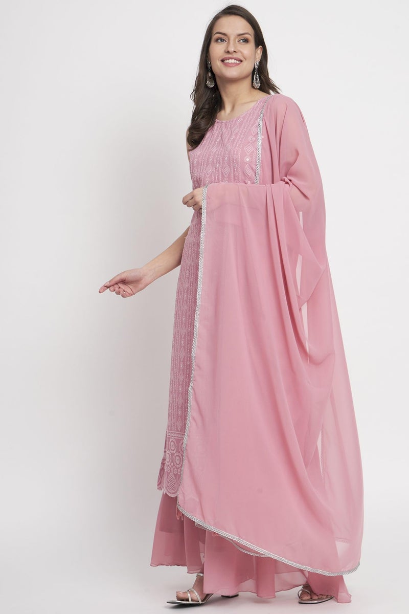 SHOPPING QUEEN Women's Georgette Straight Kurta Palazzo Set with Dupatta (A500_Dusty Pink_XS) - Image 4