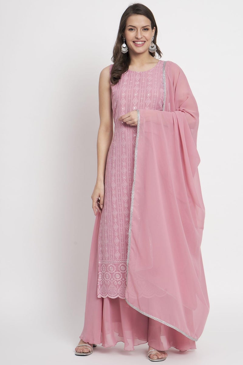 SHOPPING QUEEN Women's Georgette Straight Kurta Palazzo Set with Dupatta (A500_Dusty Pink_XS) - Image 2