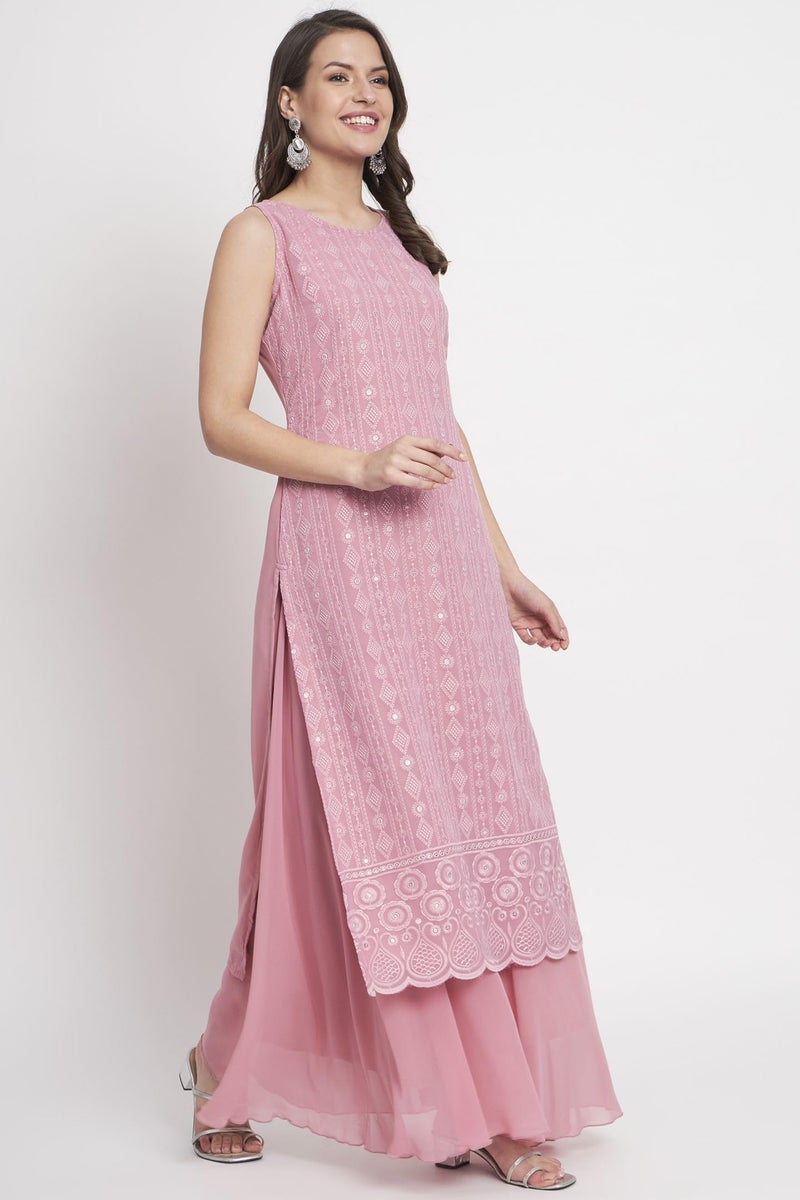 SHOPPING QUEEN Women's Georgette Straight Kurta Palazzo Set with Dupatta (A500_Dusty Pink_XS) - Image 5