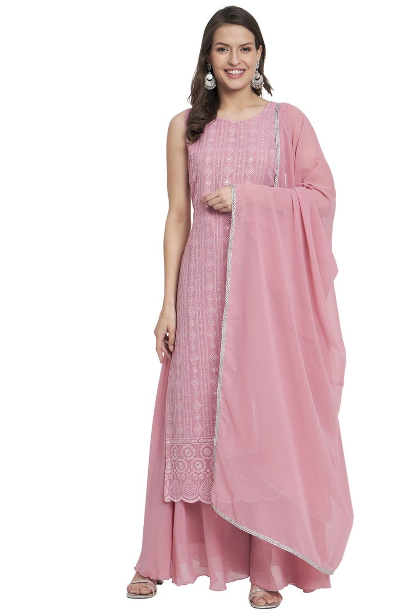 SHOPPING QUEEN Women's Georgette Straight Kurta Palazzo Set with Dupatta (A500_Dusty Pink_XS) - Image 1