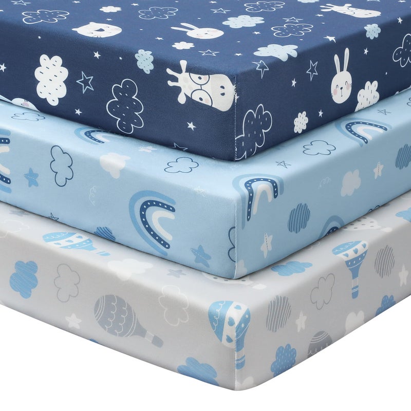 FIEMOL Baby Crib Sheets for Boys and Girls, 3 Pack Toddler Bed Sheets for 52â€x28â€ Standard Toddler Mattresses, Soft Microfiber Fitted Crib Sheets Neutral Blue Cloud Animals - Image 1