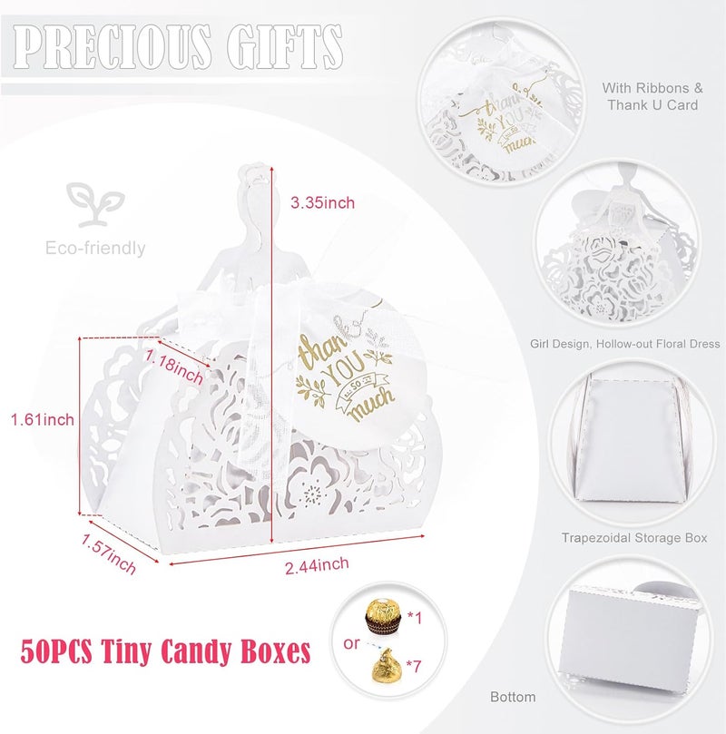 AdasBridal Pack of 50 White Candy Gift Box, Small Gift Boxes with Thank You Card Lady Pattern Ribbons Creative Party Favor Boxes for Wedding Decorations Bridal Shower Quinceanera Sweet 16 Birthday Party - Image 2
