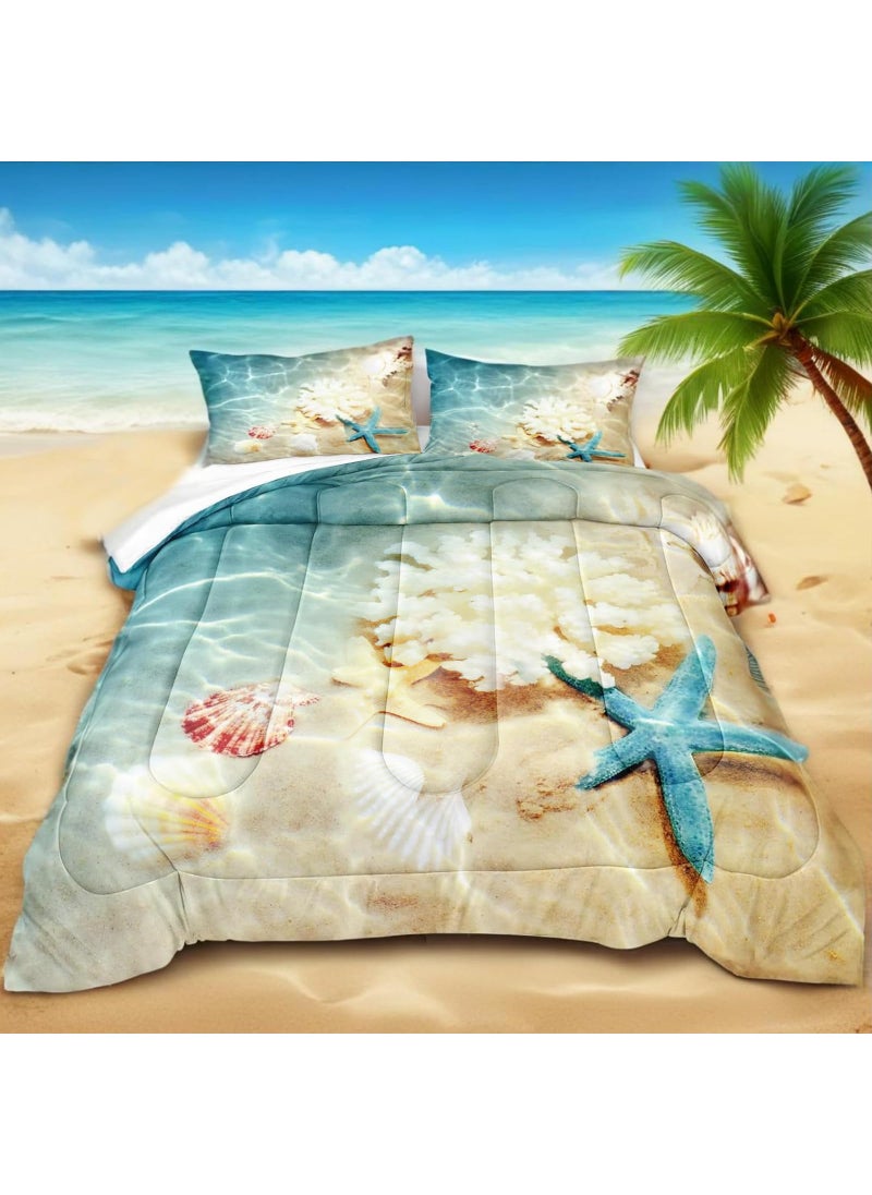 Bedbay Bedbay Beach Comforter Twin Size Bed Coastal Bedding Set 3 Pieces Soft Microfiber Fluffy Comforter Set Sea Life Starfish Beach Style Comforter Set for All SeasonsCoastalTwin 