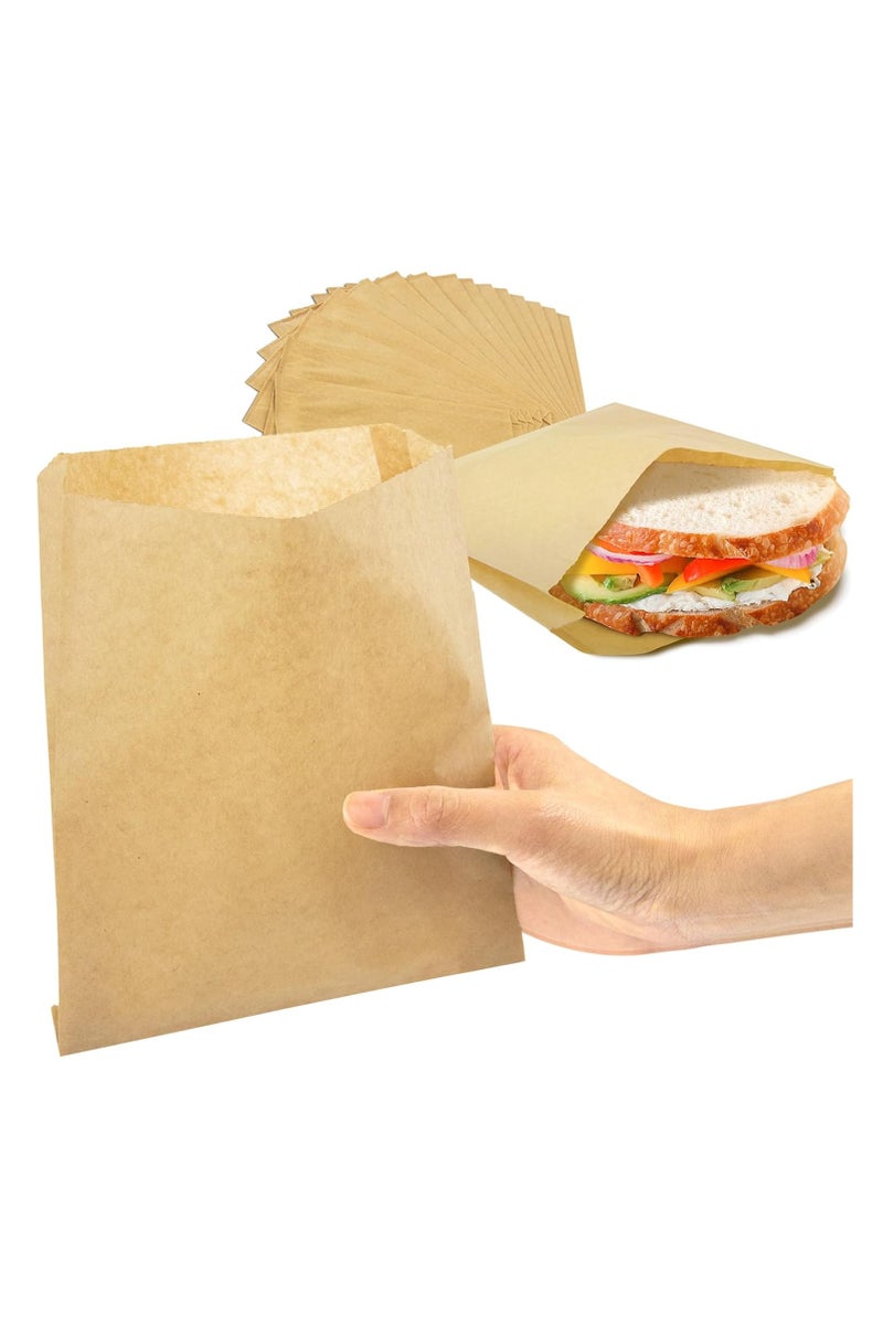 100 Pack Paper Sandwich Bags 7 x 6.7”, Greaseproof Snack Bags, Unbleached Pastry Bag, Recyclable Small Brown Paper Bags, Cookie Sleeves, Food Packing for Bakery, Donuts - Image 1