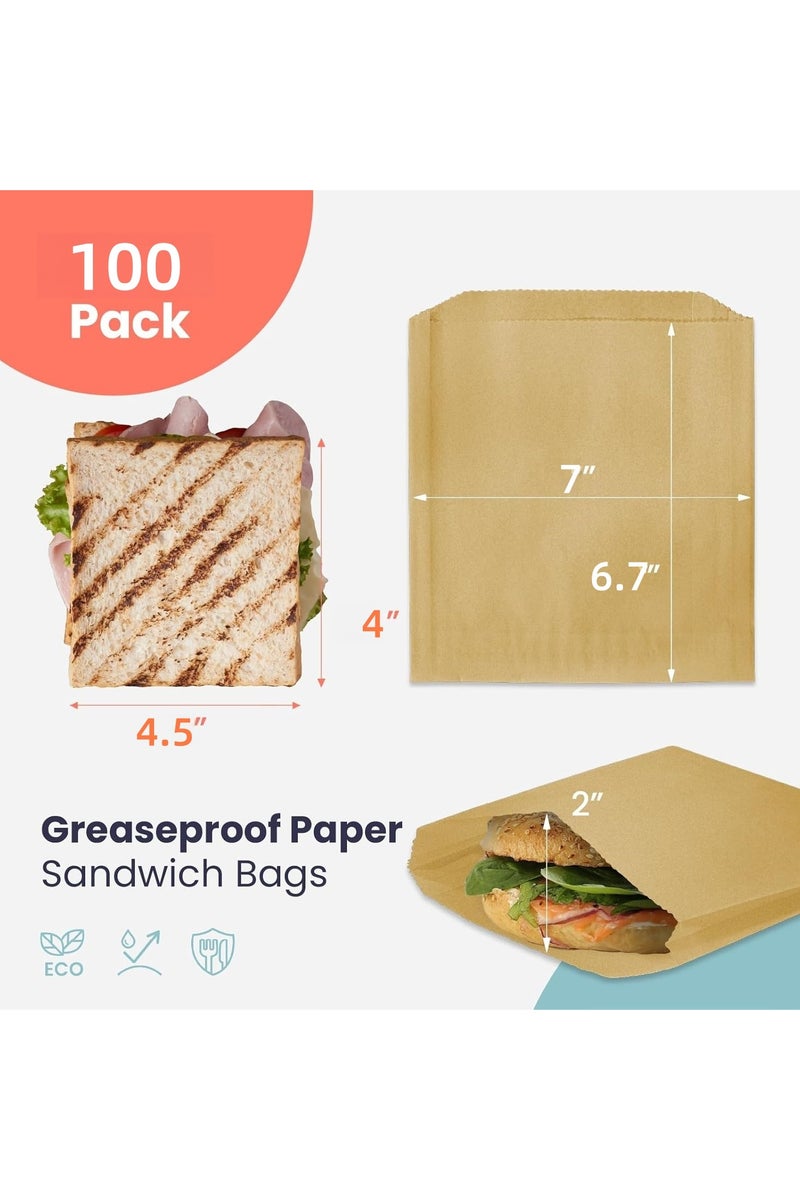 100 Pack Paper Sandwich Bags 7 x 6.7”, Greaseproof Snack Bags, Unbleached Pastry Bag, Recyclable Small Brown Paper Bags, Cookie Sleeves, Food Packing for Bakery, Donuts - Image 2