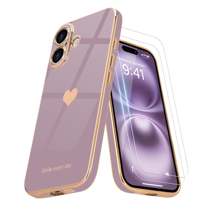 Teageo for iPhone 17 Case with Screen Protector 【2 Pack】 Girl Women Cute Girly Love-Heart Luxury Gold Soft Cover Camera Protection Silicone Shockproof Phone Case for iPhone 17, Lavender - Image 1
