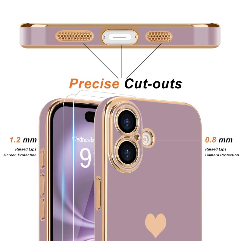 Teageo for iPhone 17 Case with Screen Protector 【2 Pack】 Girl Women Cute Girly Love-Heart Luxury Gold Soft Cover Camera Protection Silicone Shockproof Phone Case for iPhone 17, Lavender - Image 2