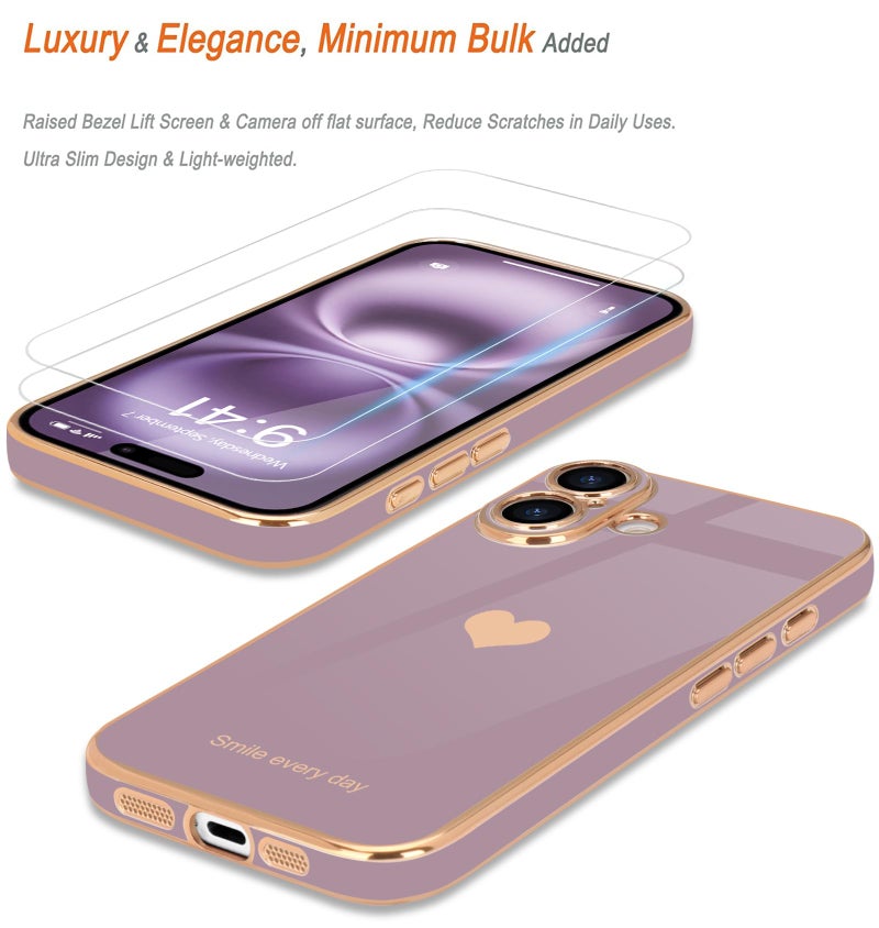 Teageo for iPhone 17 Case with Screen Protector 【2 Pack】 Girl Women Cute Girly Love-Heart Luxury Gold Soft Cover Camera Protection Silicone Shockproof Phone Case for iPhone 17, Lavender - Image 3