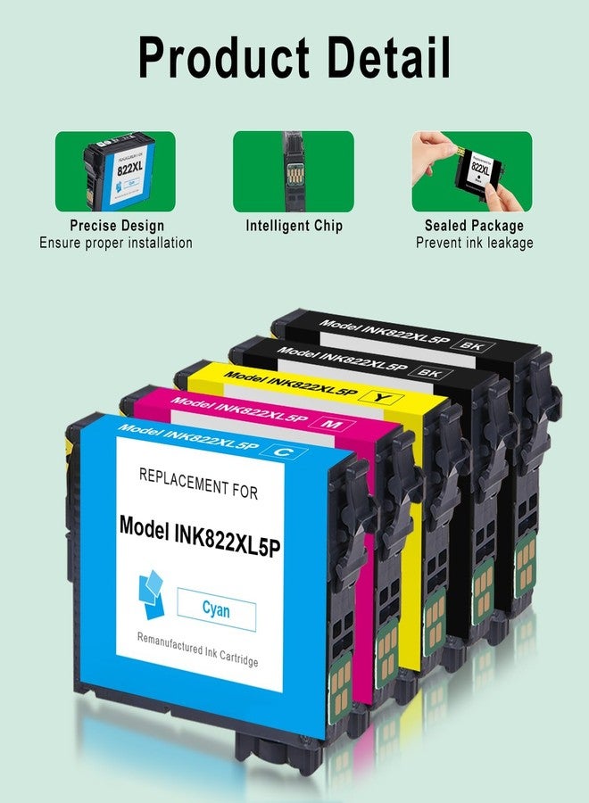 SAILNER Remanufactured Ink Cartridge Replacement for Epson 822XL Ink Cartridges 822 XL T822 High Yield Latest Upgrade for Epson Workforce Pro WF-3820 WF-4830 WF-4820 WF-4830 WF-4833 Printer 822XL (5 Pack) - Image 2