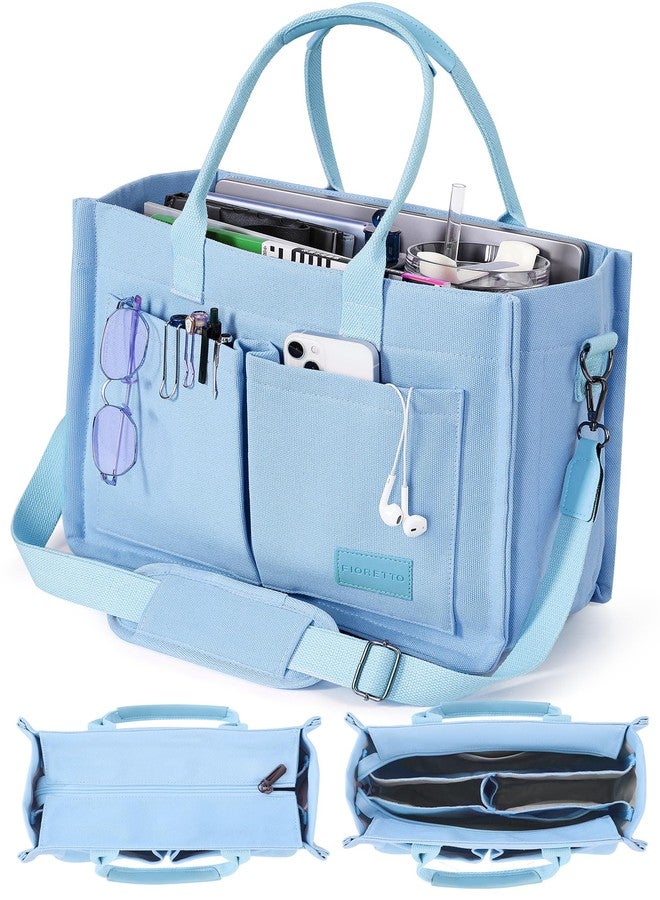 FIORETTO Canvas Tote Bag for Women with Zipper Closure, Individual Compartments, Detachable Strap & Bottom Support, Light Blue, Large, Contemporary - Image 1