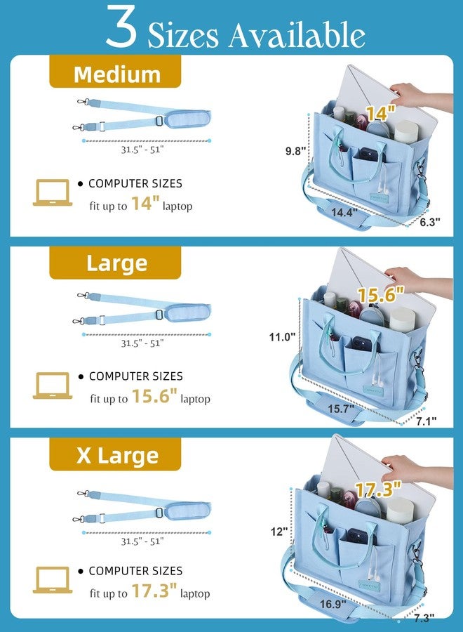 FIORETTO Canvas Tote Bag for Women with Zipper Closure, Individual Compartments, Detachable Strap & Bottom Support, Light Blue, Large, Contemporary - Image 3