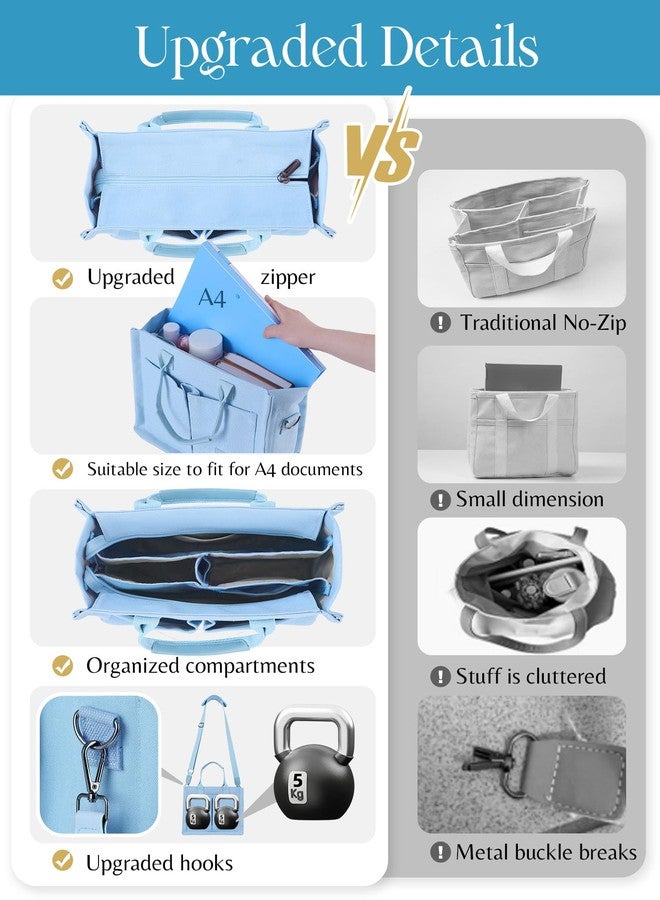 FIORETTO Canvas Tote Bag for Women with Zipper Closure, Individual Compartments, Detachable Strap & Bottom Support, Light Blue, Large, Contemporary - Image 2