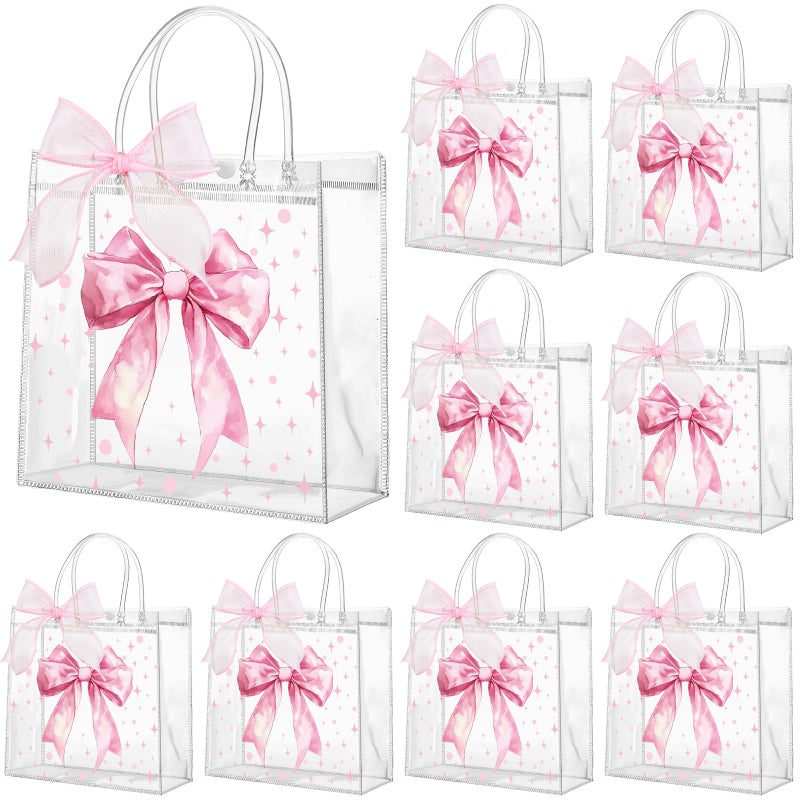 Wesnoy Pink Bow Clear PVC Gift Bags with Handles Coquette Bowknot Party Favor Candy Treat Tote Bags for Birthday Party - Image 1