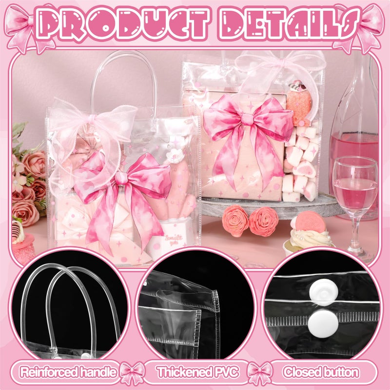 Wesnoy Pink Bow Clear PVC Gift Bags with Handles Coquette Bowknot Party Favor Candy Treat Tote Bags for Birthday Party - Image 4