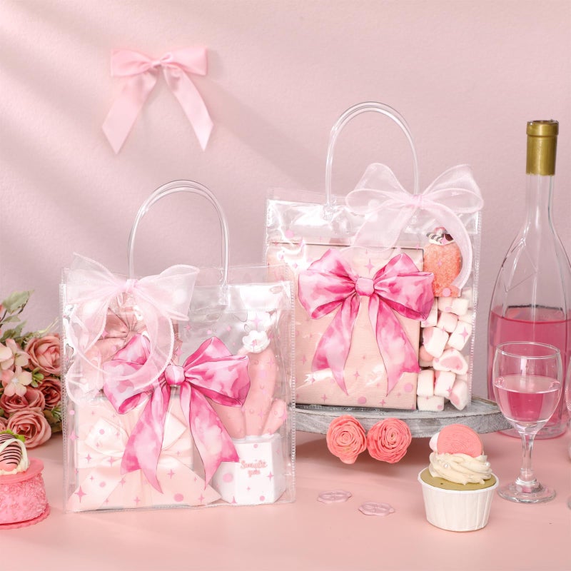 Wesnoy Pink Bow Clear PVC Gift Bags with Handles Coquette Bowknot Party Favor Candy Treat Tote Bags for Birthday Party - Image 2